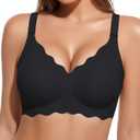 PQK Bras No Underwire for Women Comfortable Wireless Seamless T Shirt Bras Wavy Edge Full Coverage Push Up Bra (Size S Black) (Black, S)