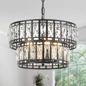 Dining Room Chandeliers K9 Crystal Black Metal Chandelier Modern 2-Tier Drum Farmhouse 16in Contemporary Round Light Fixture for Bedroom Entryway Kitchen Island Living Room