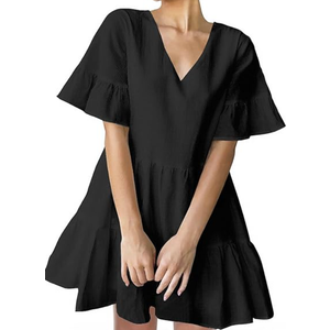 FANCYINN Women’s V Neck Cute Shift Dress with Pockets Bell Sleeve Ruffle Hem Loose Swing Summer Tunic Mini Dress, Size S