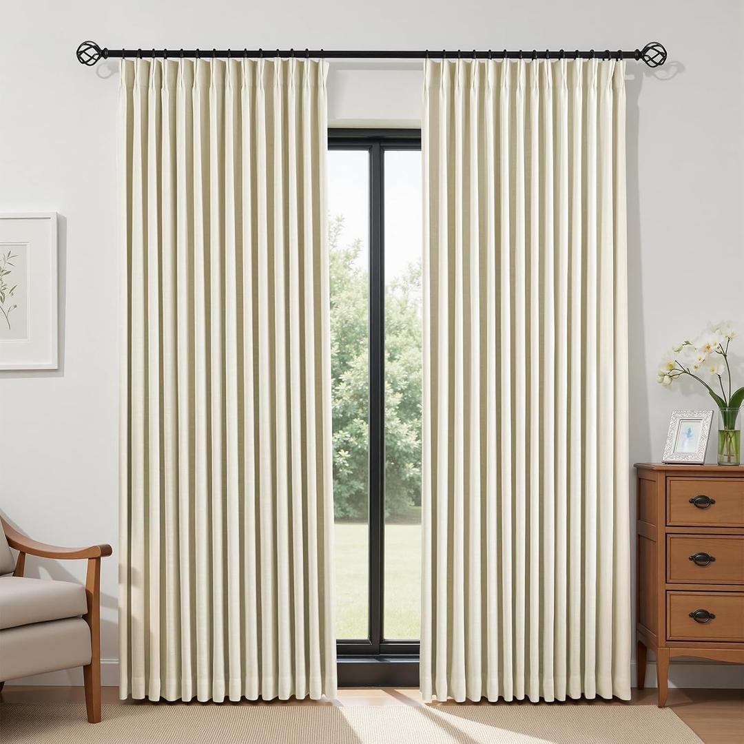 IVAPUPU Cream Beige Pinch Pleated Full Blackout Linen Curtains for Bedroom, Black Out Curtains 90 Inches Long for Living Room Darkening Thermal Insulated Neutral Pleat Drapes with 16 Hooks, 2 Panels