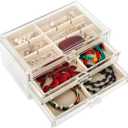 FEISCON Acrylic Jewelry Organizer Makeup Cosmetic Storage Organizer box Clear Jewelry Case with 3 Drawers Adjustable Jewelry Box Velvet Trays grid size