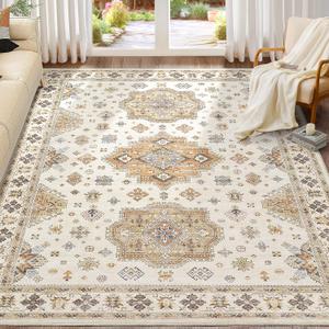 Washable Area Rugs for Living Room - 7x9 Neutral Vintage Distressed Floral Farmhouse Boho Large Soft Floor Rug Indoor Non Slip Carpet for Living Room Bedroom Dining Room Office , Orange/Yellow/Beige