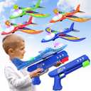 4 Pack Airplane Launcher Toys, 2 Flight Modes LED Foam Glider Catapult Plane Toy for Boys, Outdoor Flying Toys Birthday Gifts for Boys Girls 4 5 6 7 8 9 10 11 12 Year Old (Blue&green&orange&red)