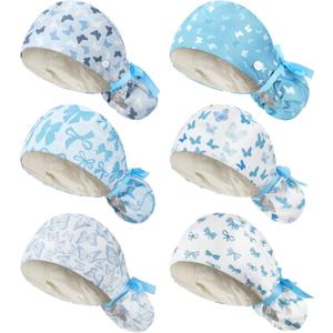 6 Pcs Satin Lined Working Hat Scrub Caps Adjustable Tie Back Bouffant Hats with Button Sweatband for Doctor Nurse (Novelty Color)