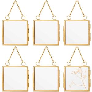 OLYCRAFT 6pcs Gold Mini Glass Hanging Frame 2.1x2.1 Inch Gold Metal Picture Frames Clear Double Glass Floating Frames Hanging Artwork Display Frame for Pressed Flowers Leaf and Artwork