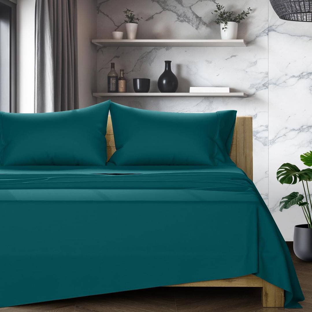 TEXAS LINEN CO. 100% Egyptian Cotton Sheets King Size Set - 1200 Series Star Sleepin' Collection Egyptian Cotton Luxury Sheets King Size (4 PC, Teal), 17" Deep Pocket, Sateen Hotel Bedding Set
