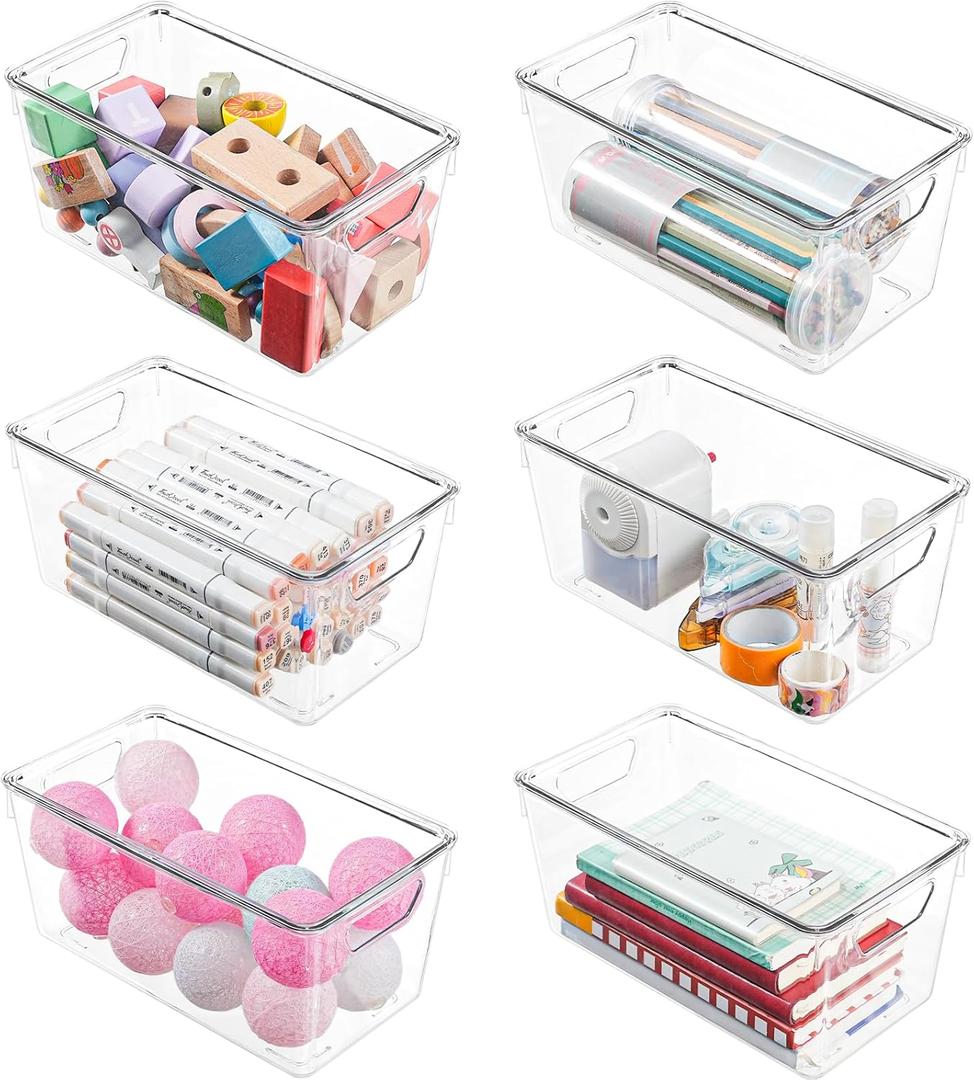 6 Pack Clear Storage Bins with Lids, Small Acrylic Arts and Craft Storage Containers, Stackable Clear Plastic Craft Storage Bins with Handles for Pantry Organizers and Storage, Kitchen, Fridge, Office