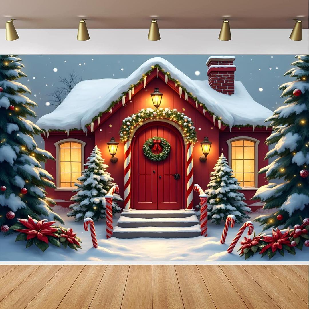 Christmas Candy House Backdrop 7x5FT Merry Xmas Tree Winter Snow Scene Snowflakes Background for New Year Eve Party Decorations Kids Birthday Snow Tree House Decorations Banner