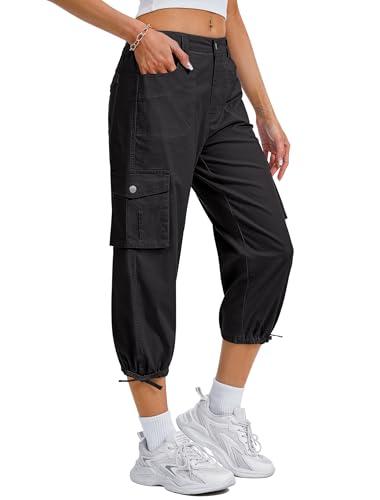 Eddoyee Cargo Capris for Women Pants Cotton Hiking Pants with 6 Pockets Elastic Waist Casual Summer Pants 2026 Black Size M
