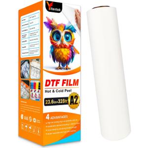 DTF Transfer Film Roll - 23.6"" x 328ft Double Sided PreTreat PET Heat Transfer Film, Cold & Hot Peel PET Heat Transfer Film for DTF Inkjet Printer, Direct Print on T-Shirts Textile, Clear