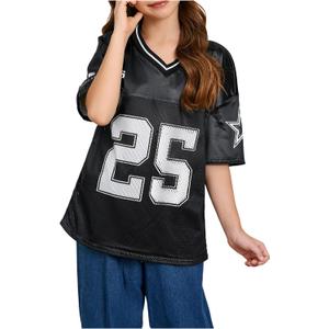 SOLY HUX Girl's Summer Jersey Shirts V Neck Short Sleeve Graphic Tees Oversized T-Shirt Tops (Black)