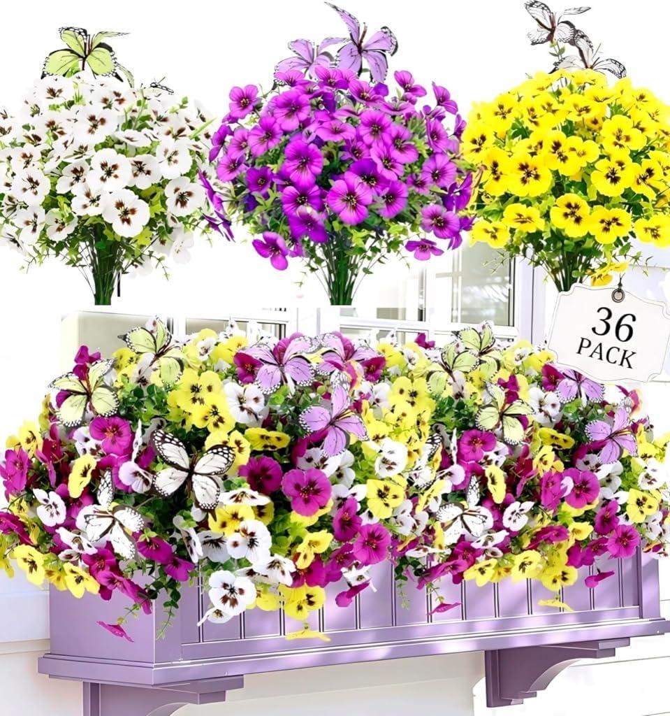 Geegoods Extra Full 36 Stems Artificial Pansies Flowers for Outdoor with 6 Pcs Butterflies, UV Resistant Faux Flowers for Hanging Baskets Window Box Porch Garden Summer Decor