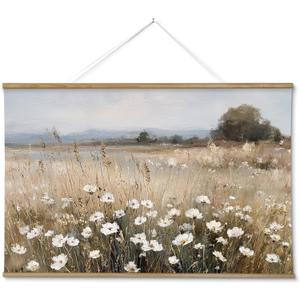 ARPEOTCY Extra Large Vintage Framed Wall Art, 36x54 Inch Wildflower Field Floral Landscape Hanging Canvas Prints Scroll Wall Art Decor for Living Room Bedroom, Retro Scenery Pictures Above of Bed
