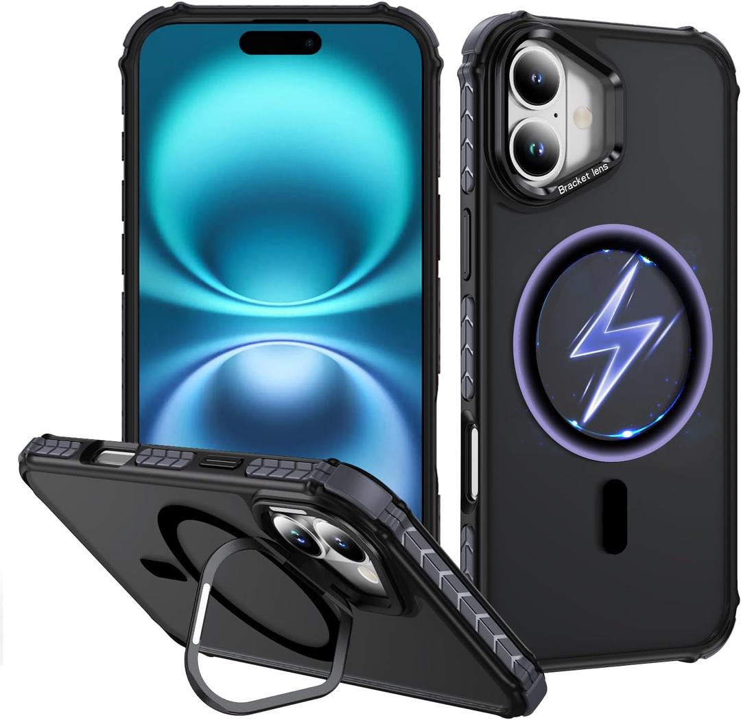 ADDIT Compatible with iPhone 16 Case Magnetic Phone Case Compatible with MagSafe Military-Grade Translucent Matte Back Built-in Camera Stash Stand Case for iPhone 16 (Black)