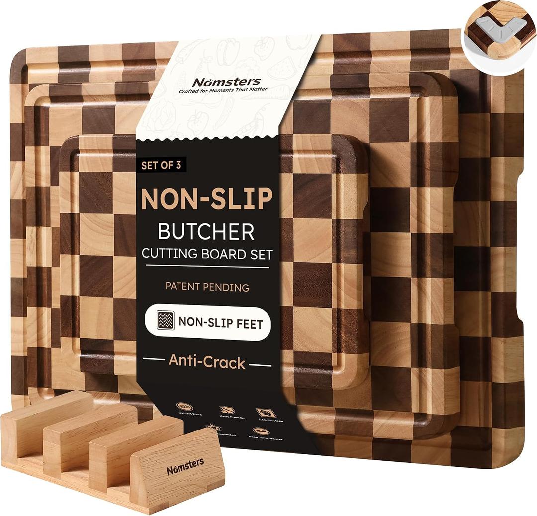 3 Packs Cutting Boards for Kitchen Checkered Cutting Board Acacia Wood Charcuterie Board Serving Heavy Duty Non Toxic Slip Butcher Block Wood Chopping Board with Juice Grooves Handles, Multiple Sizes