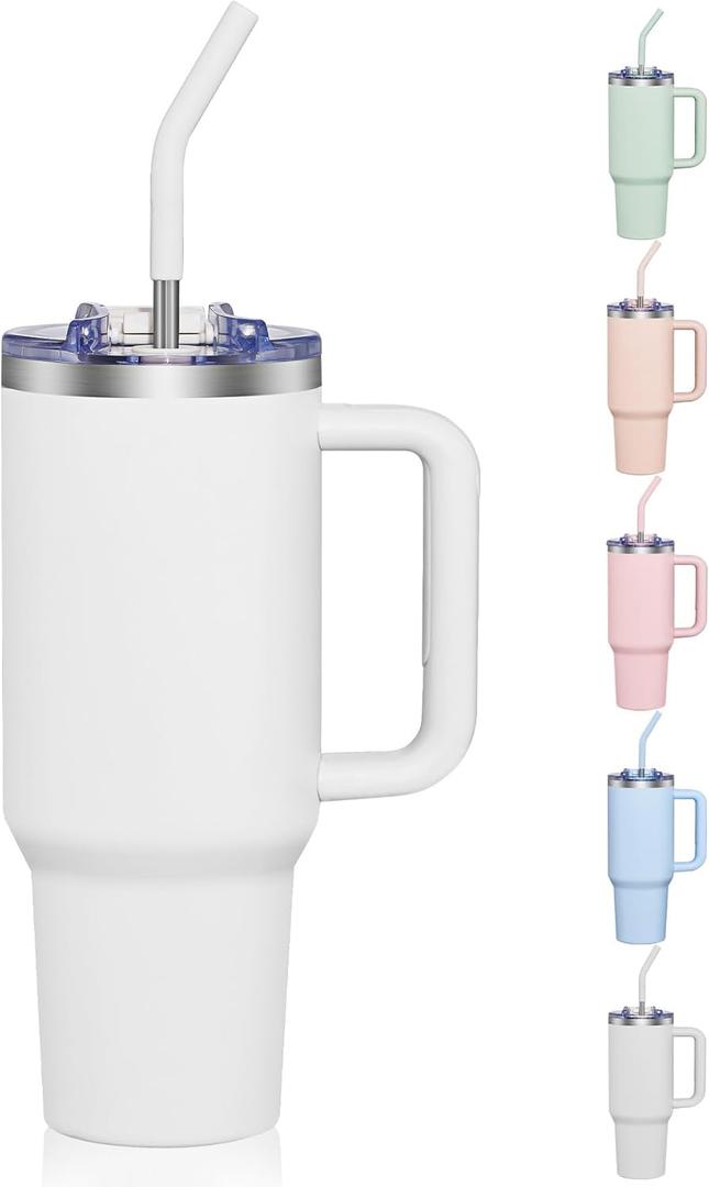 COKTIK 40 oz Tumbler With Handle and Straw, Insulated Tumbler With Leakproof Lids, Stainless Steel|BPA-Free, Cold for 24 H (Snow)