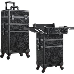 FRENESSA 3 in 1 Rolling Makeup Train Case Professional Cosmetic Trolley Large Storage with Keys Swivel Wheels Salon Barber Case Traveling Cart Trunk for Make Up Hairstylists Nail Tech, Alpine Black