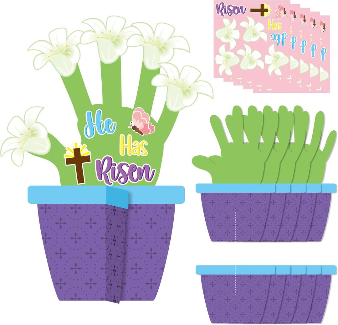 WATINC 24 Pack Easter Jesus He is Risen Handprint Flower Craft Kit, Make Your Own Religious Lily Cross Decorations, DIY Christian Flower Pot Gift Sunday School Classroom Home Party Activities for Kids