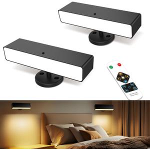 iThird Rechargeable Battery Operated Wall Sconce Set of 2: Wireless Black Wall Lights Battery Powered Magnetic 360 Rotation Cordless Scone Adhesive LED Wall Mount Lamp for Bedroom Reading Picture RV