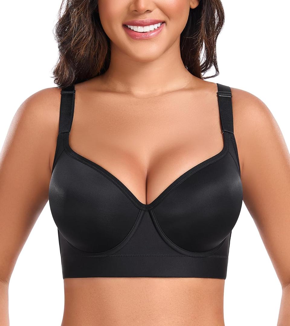 DotVol Women's Push Up Full Coverage Underwire Support Everyday T-Shirt Bra Hide Back Fat (36DDD, Black)