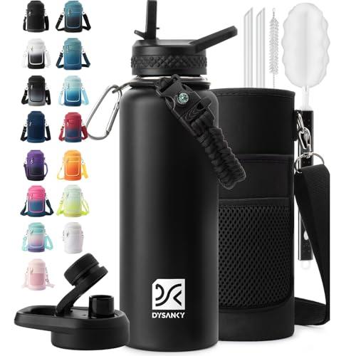DYSANKY 40 oz Insulated Water Bottle | Thickened Stainless Steel Vacuum Metal | Portable Sports Water Jug for Gym and Hiking with Straw, Carrier Bag, Handle Strap | BPA-Free 40 oz, Black