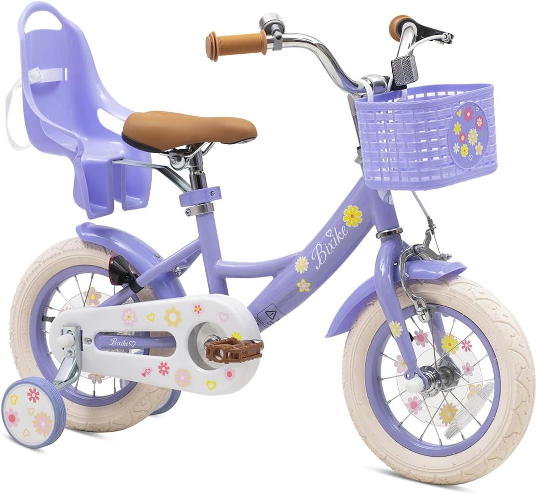 Girls Bike with Basket for Toddlers and Kids Aged 3-14, 12 14 16 18 Inch with Training Wheels, 20 Inch with Kickstand & Rear Rack, Princess Style Bicycle with Doll Seat & Daisy Prints for Gift (Purple)