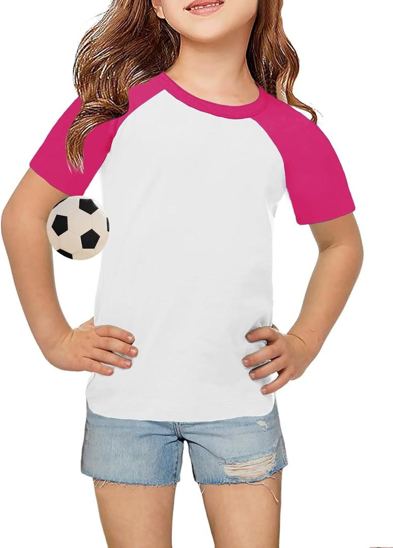Topstype Girls' Soft Raglan Short Sleeve Summer T Shirts Crew Neck 5-14 Years (13-14 Years, XXL, White and Pink)