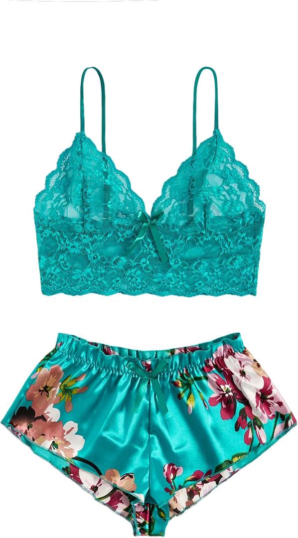 WDIRARA Women's 2 Piece Lingerie Floral Lace Cami Top with Satin Shorts Sleepwear Pajama Set (Large, Teal Green)
