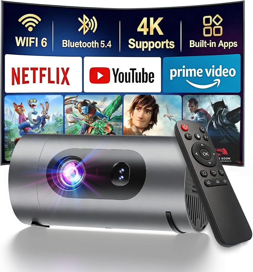 Smart Projector with WiFi and Bluetooth, Mini Projector Supports 4K 1080P, Portable Movie Projectors Built-in Apps, Compatible with HDMI/USB/Smartphone/TV Box/Laptop for Bedroom, Office, Outdoor Use