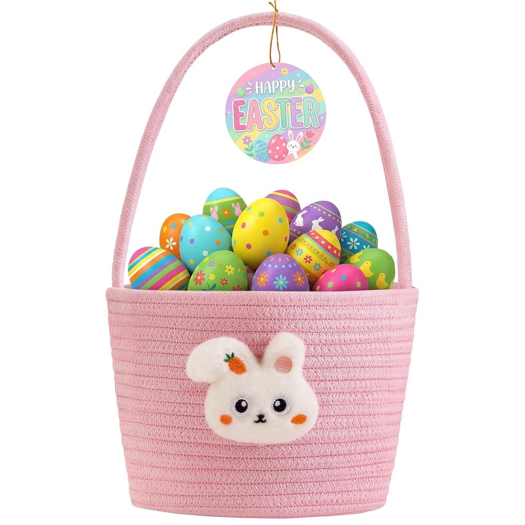 Yeeeasy Easter Basket for Kids, Adorable Plush Bunny Face Woven Egg Hunt Bucket with Handle, Soft First Easter Gift Tote Bag, Nursery Toy Storage Bin with Tag, Pink