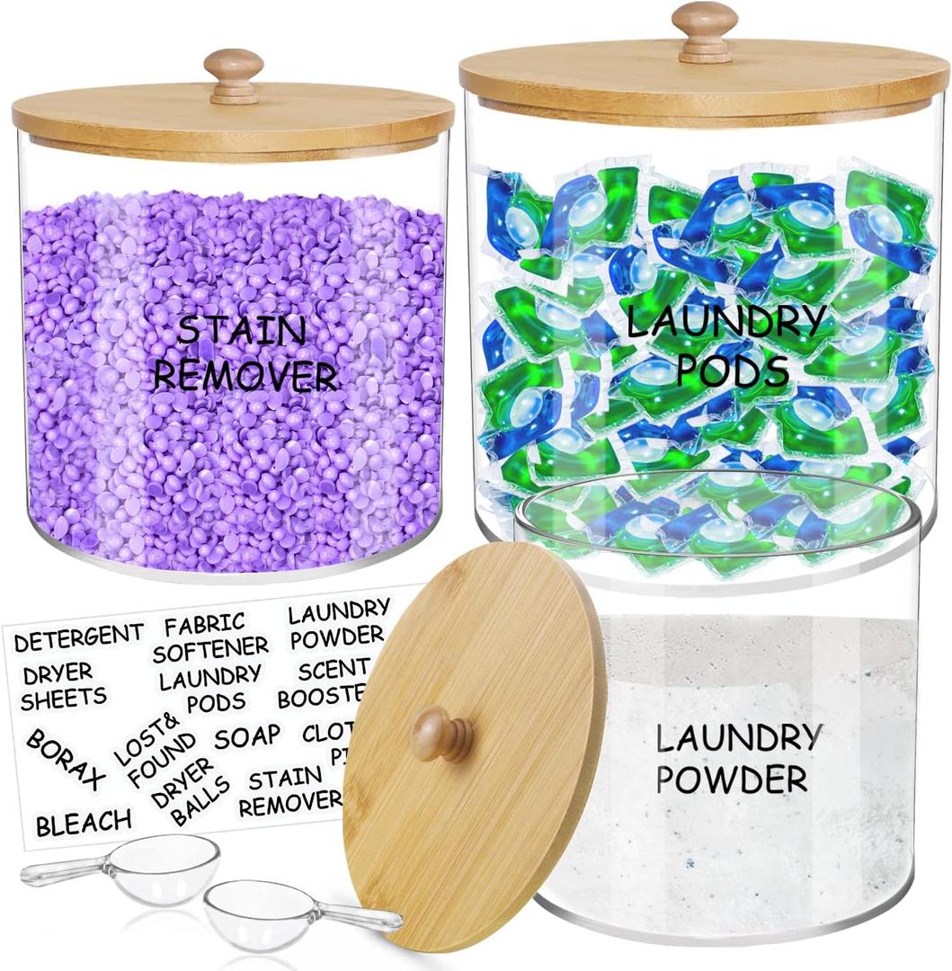 Large Capacity Laundry Room Organization Jars, 3 Pcs Acrylic Laundry Detergent Container with 2 Scoops & Labels, Clear Laundry Jars for Powder, Dryer balls, Pods,Scent Boosters, Laundry Room Storage