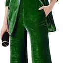 Women's 2 Piece Velvet Suit Office Work Suit Notch Lapel Double Breasted Blazer Pants Business Suit Set (Green, S)