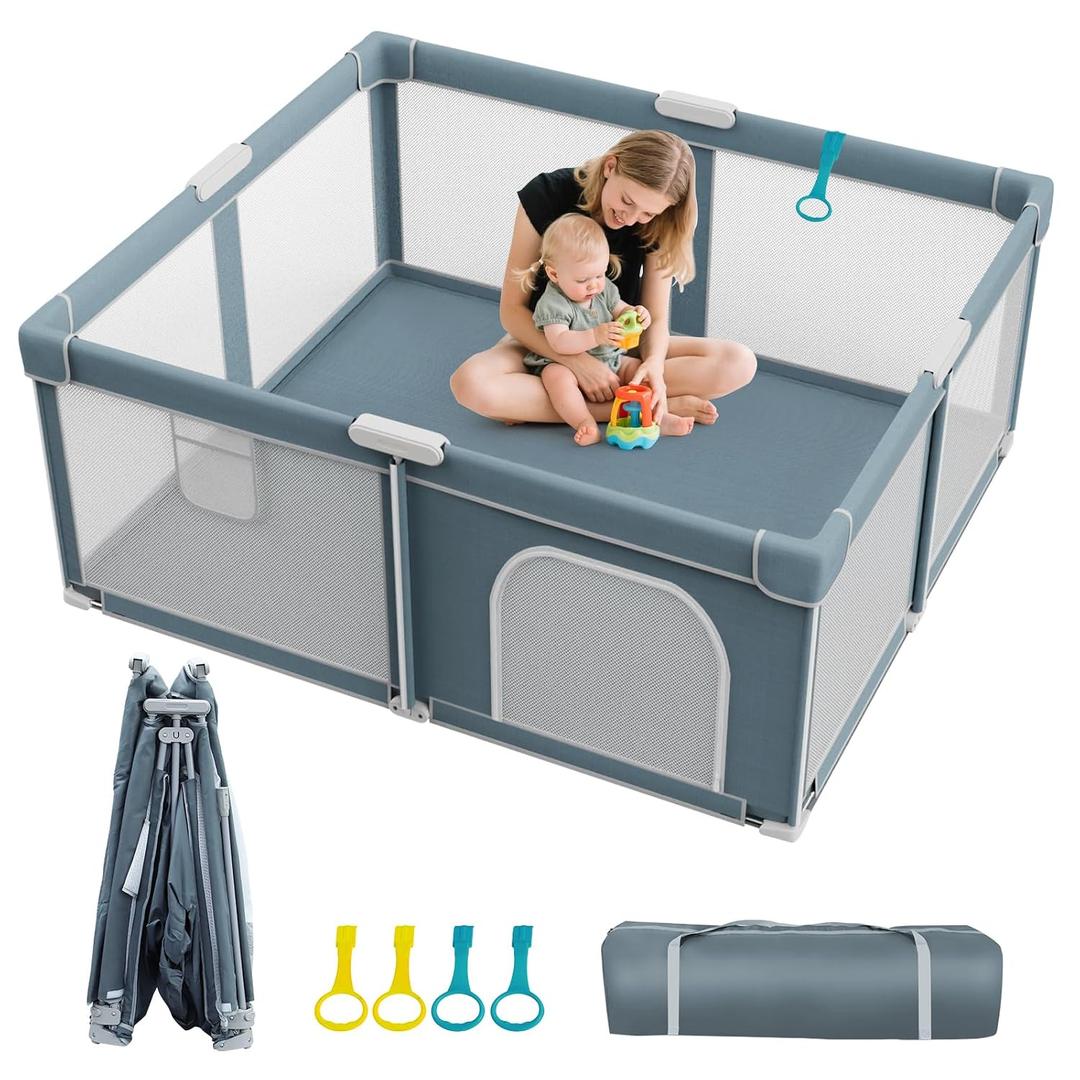 Foldable Baby Playpen - 65"x50" Collapsible Play Pen for Babies and Toddlers - Indoor Outdoor Foldable Play Yard with 4 Handles - Folding Baby Playpen with Bag Portable Travel Play Yard