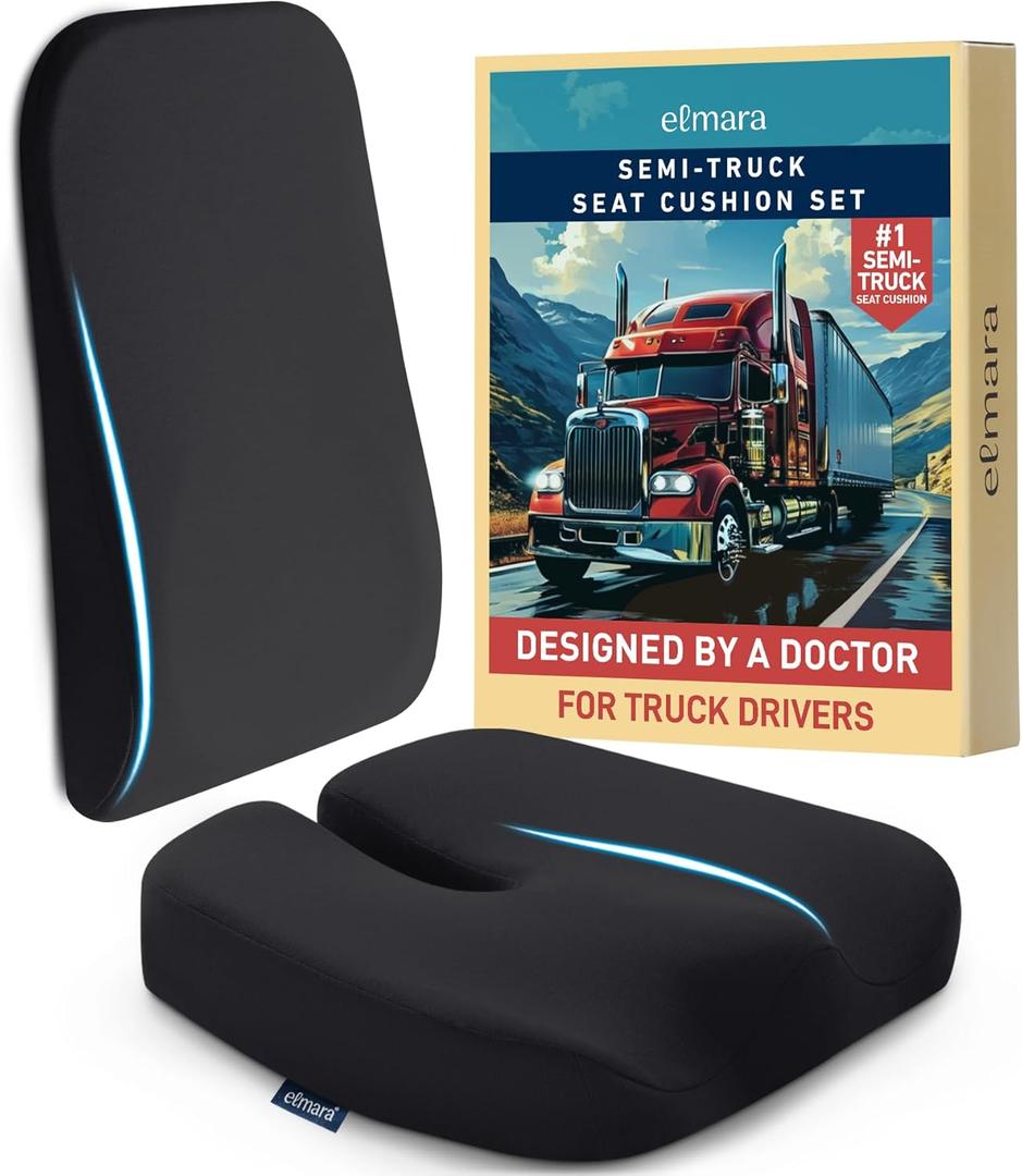 Elmara Doctor-Designed Semi-Truck Seat Cushion for Truck Driver  The Ultimate Comfort Solution for Long-Haul Drivers  Trucker Seat Cushion & Back Support  2-Piece Ergonomic Set (Black)