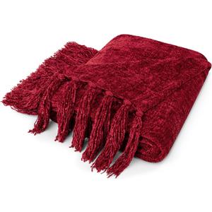 PAVILIA Burgundy Red Throw Blanket for Couch and Bed, Chenille Woven Soft Knit Maroon Blanket with Tassel, Decorative Textured Blanket for Living Room, Wine Red 60x80