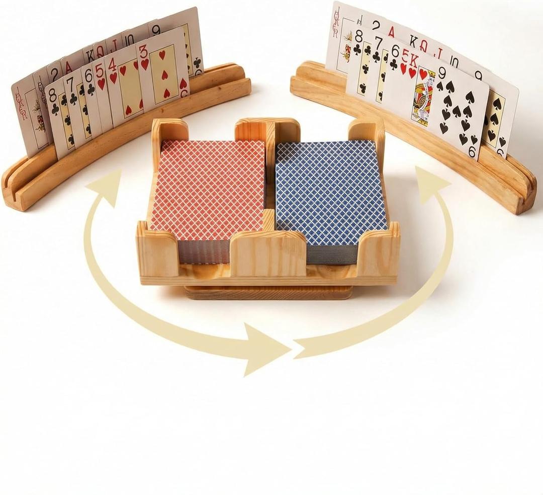Wooden Playing Card Holder Set with 360 Rotating Tray, Curved Card Holders for Seniors, Holds 2 Decks for Canasta, Bridge, Rummy, Strategy, Family Game Night Game Organizing, Valentine Gift
