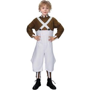Vikidoky Brown Candy Chocolate Factory Worker Costume Jumpsuit Outfit Bodysuit with Leg Warmers Wig Halloween Cosplay Uniform (X-Large, Kids)