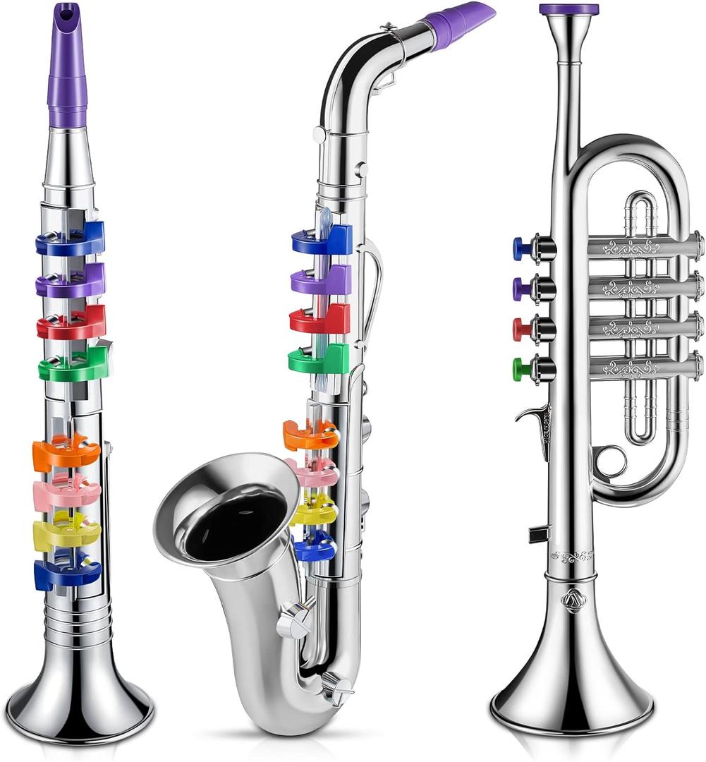 Lewtemi Set of 3 Saxophone for Kids Musical Instruments Toy Saxophone Toy Trumpet and Clarinet with 8 Colored Coded Keys Teaching Songs Gifts for Toddlers Children(Silver)