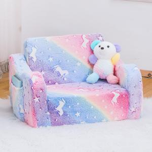 Toddler Baby Chair Couch Sofa for Kids Foldable 2-in-1 Fold Out Couch Bed Toddler Chairs Comfy for Boys & Girls Convertible Kids Furniture lounge chairs for Playroom with Double Pockets, Glowing Pink