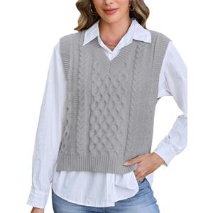 Tanst Sky Womens Sweater Vest V Neck Sleeveless Solid Casual Cable Knit Pullover Tops (Gray, XL)