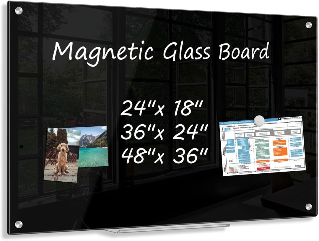 Black Dry Erase Board, 24" x 18" Magnetic Large Black Glass Board Frameless Wall Mounted Glass Whiteboard for Office, School & Home with 1 Acrylic Marker Tray & 3 Strong Magnets