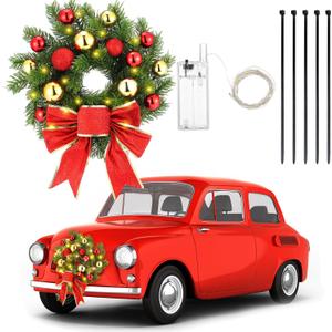 Riceshoot Christmas Car Wreath Decorative LED Light up Decoration Lighted Christmas Car Accessories with Red Bow and Mounting Equipment for Xmas Holiday Festival Car Truck Grille Wreath Ornament