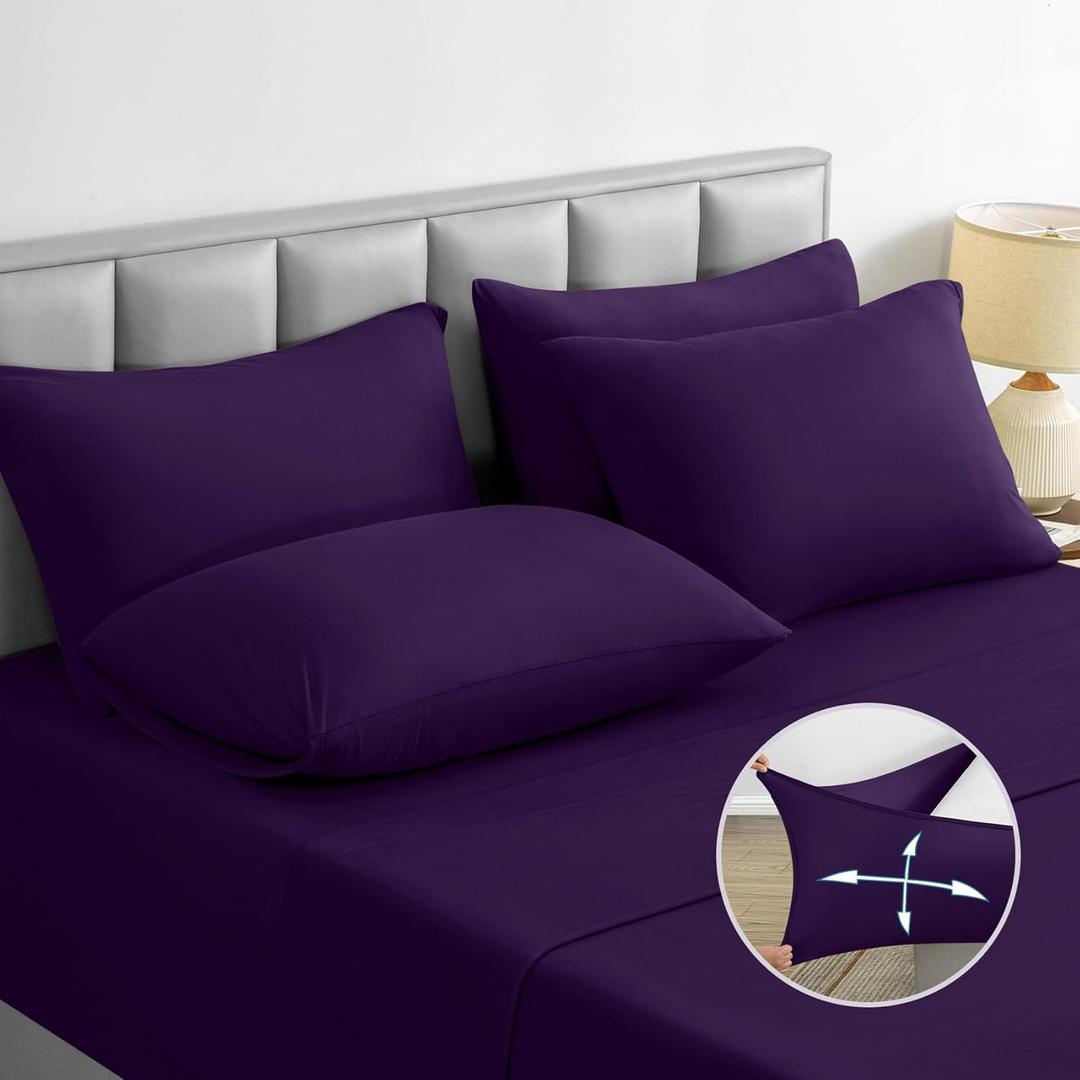 BYSURE Jersey Knit King Size Sheets Set 6 Pieces, Stretch Super Soft and Wrinkle-Free Bed Sheets, Spandex Blend with 18-inch Deep Pocket, Purple (King, Purple)