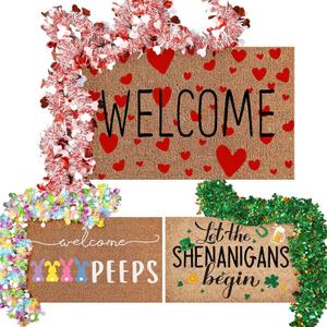 Nuanchu 3 Sets Valentine's Day Heart Doormat St. Patricks Mat Easter Rabbit Doormat 16 x 28 Inch with Tinsel Garland Mat for Valentine St. Patrick's Day Easter Indoor Entrance Front Door(Classic)