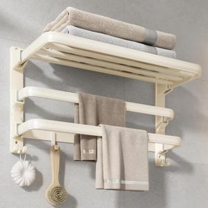 Towel Racks for Bathroom, 24-Inch Towel Shelf with 2 Towel Bar Foldable Towel Holder with 7 Hooks Towel Storage Organizer for Bathroom & Lavatory Wall Mounted(Milky White)