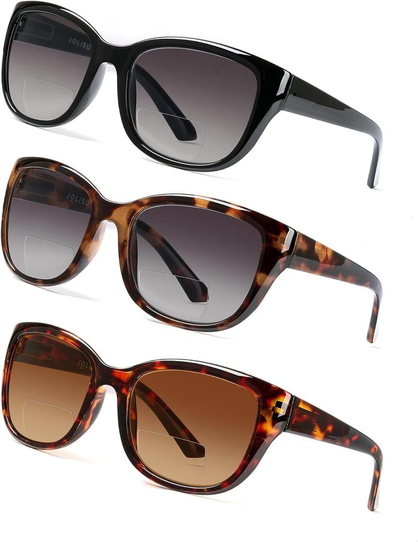 JOLISU 3PCS Bifocal Sunglasses Readers for Women/Men - Full Lens UV400 Sun Protection with Built-in Reading
