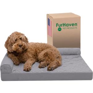 Furhaven Orthopedic Dog Bed for Large/Medium Dogs w/ Removable Bolsters & Washable Cover, For Dogs Up to 55 lbs - Pinsonic Quilted Paw L Shaped Chaise - Titanium, Large