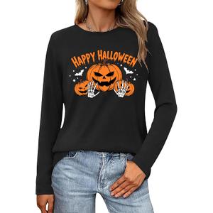 Halloween Shirts for Women Spooky Season Shirt Long Sleeve Ghost Pumpkin Graphic Tee Gothic Clothes (Large, Black)