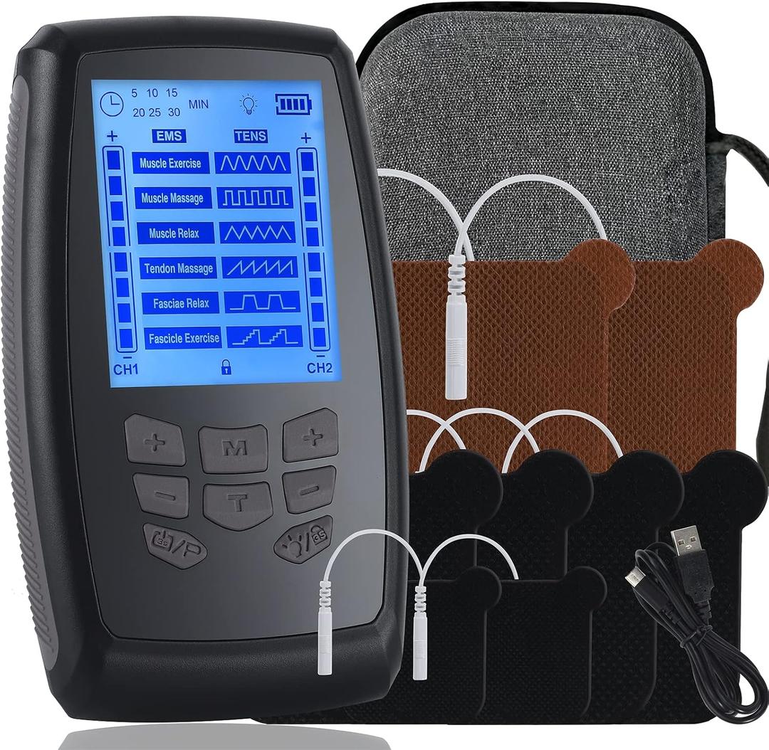 TENS Unit Muscle Stimulator Machine, Dual Channel High Power TENS EMS Machine Device for Neck, PMS, Back and Muscle Pain Relief, Electronic Pulse Massager with 8 Electrode Pads and Travel Case