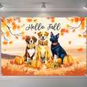 Hello Fall Photography Backdrop Autumn Maple Leaves Dog Pumpkin Friendsgiving Background Thanksgiving Party Supplies Farm Harvest Banner Photo Booth 72 x 44 Inch